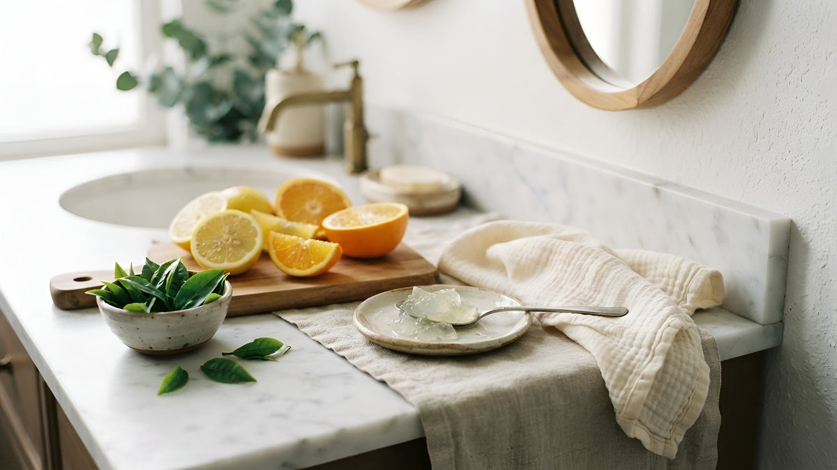 Sliced citrus, green tea leaves, aloe gel and a cotton cloth on a white vanity
