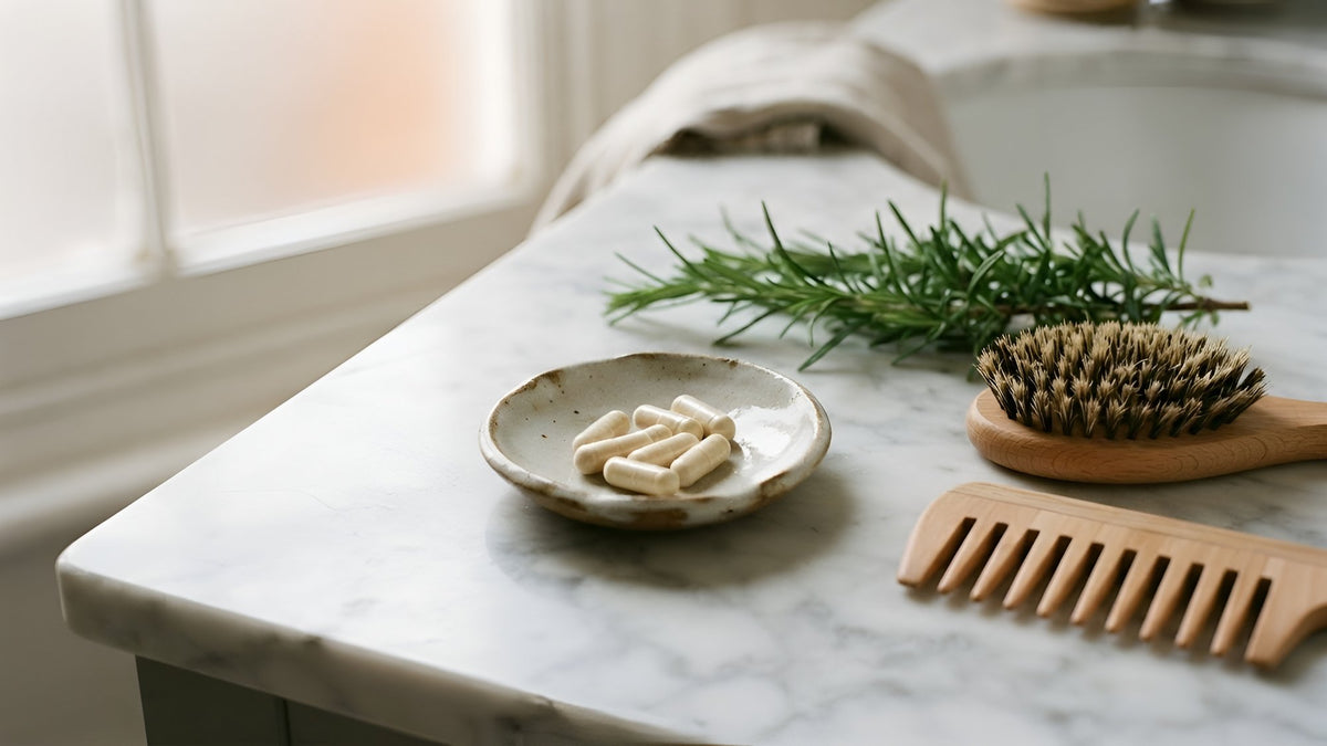 Dish of cream capsules beside a wooden hairbrush and comb on a marble bathroom vanity
