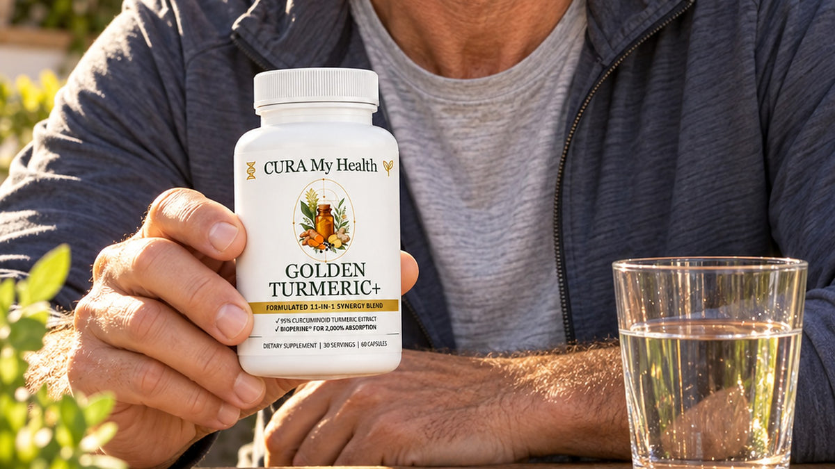 A hand holding a Golden Turmeric+ bottle at an outdoor table beside a glass of water