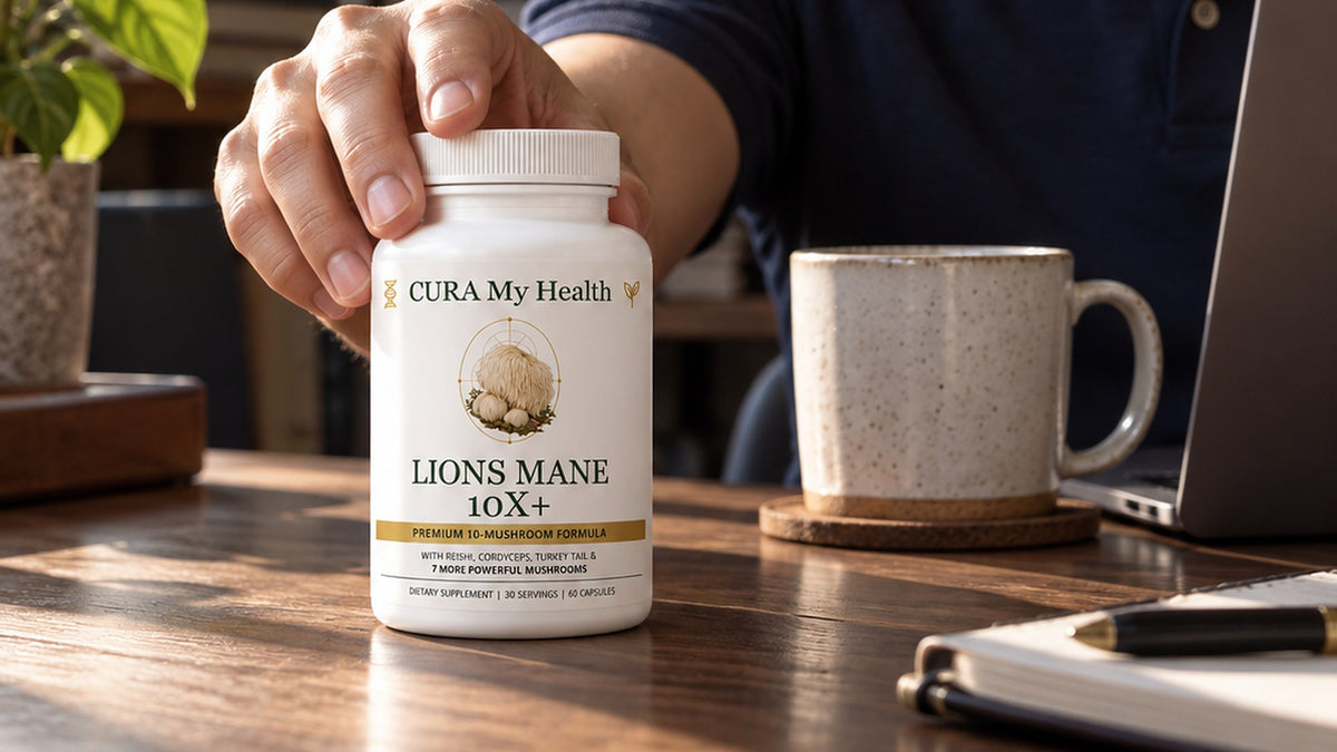 A hand on the cap of a Lions Mane 10x+ bottle on a wooden desk beside a mug, a laptop and a notebook