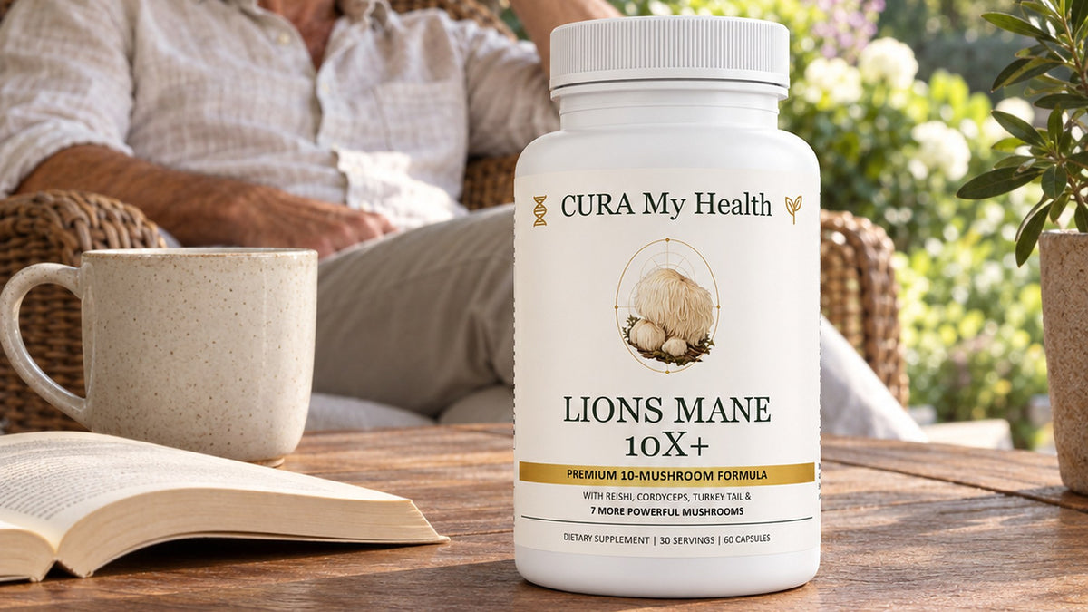Lions Mane 10x+ bottle on a wooden patio table beside a mug and an open book, with a person relaxing behind it