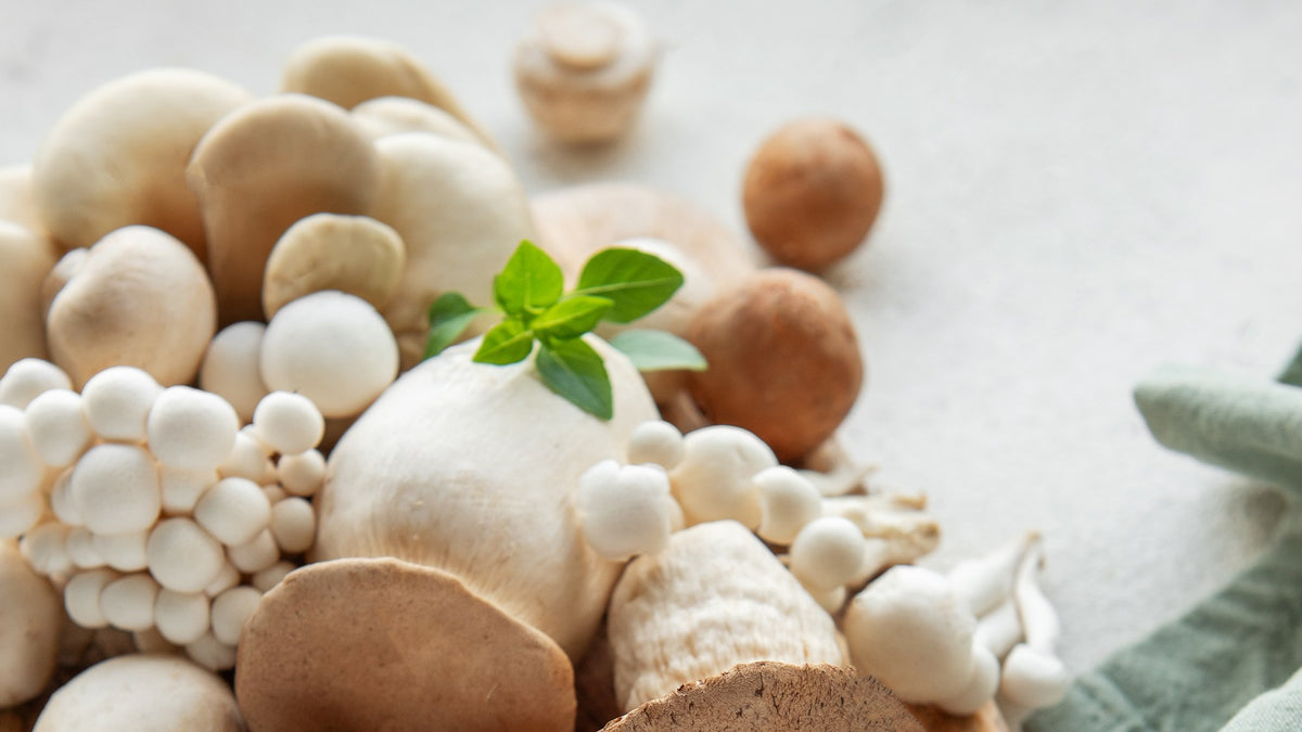 Fresh mushrooms and a sprig of basil piled on a light stone surface beside a green cloth