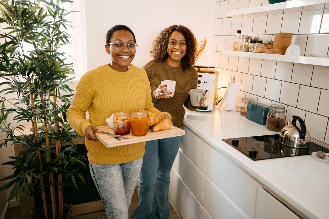 Two women enjoying a wholesome, nutritious morning at home