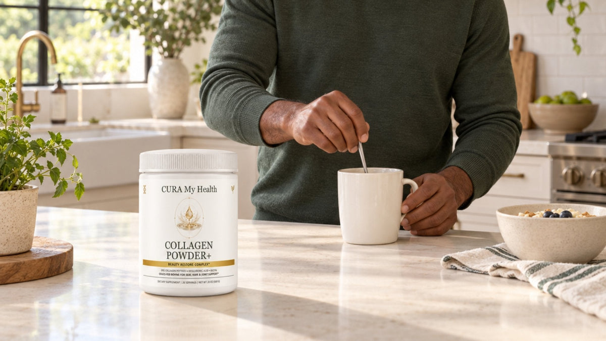 Collagen Powder+ tub on a kitchen counter while a person stirs a mug