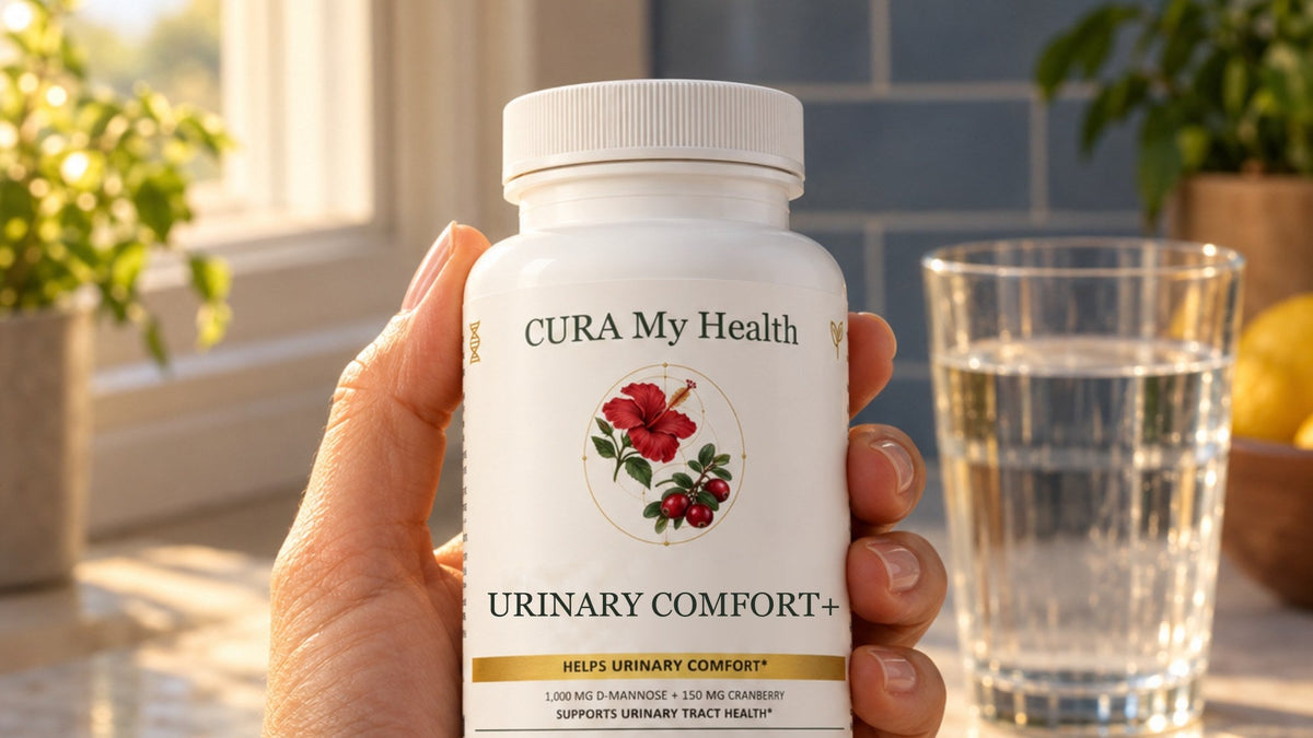 A hand holding a Urinary Comfort+ bottle in a kitchen