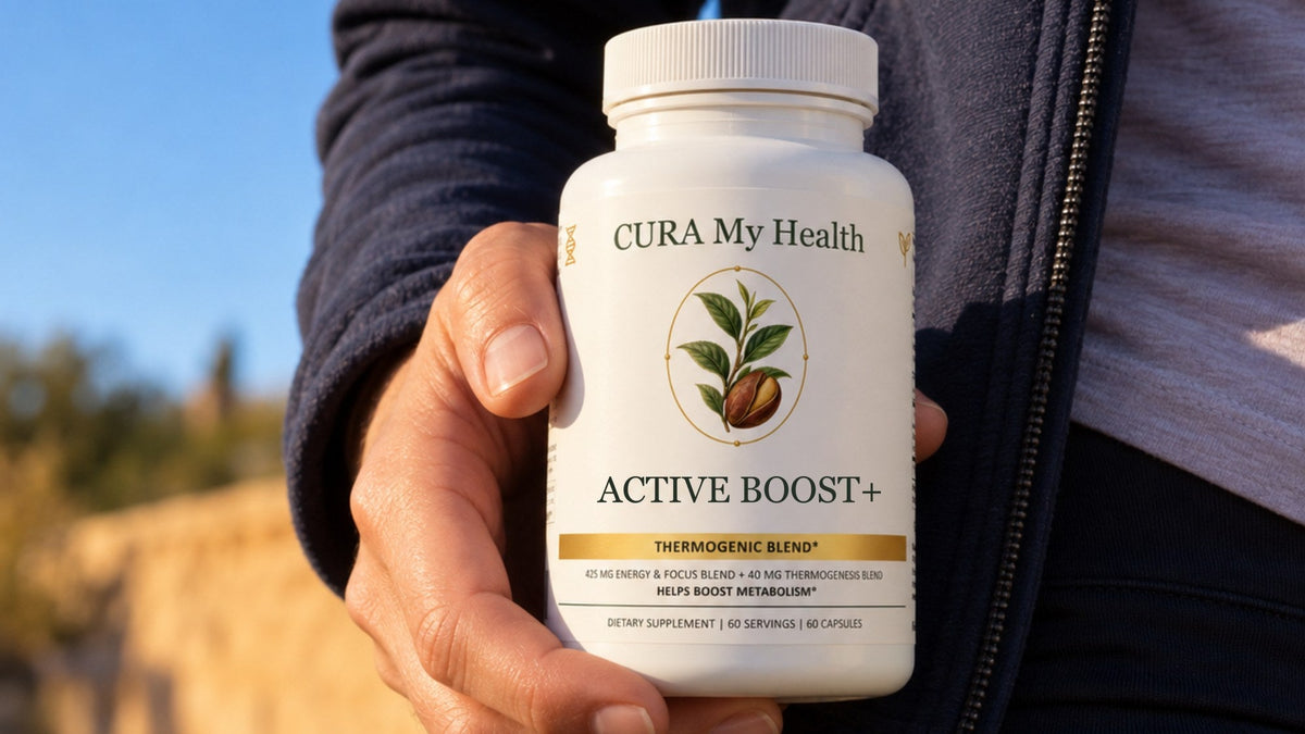 A person holding an Active Boost+ bottle outdoors before a walk