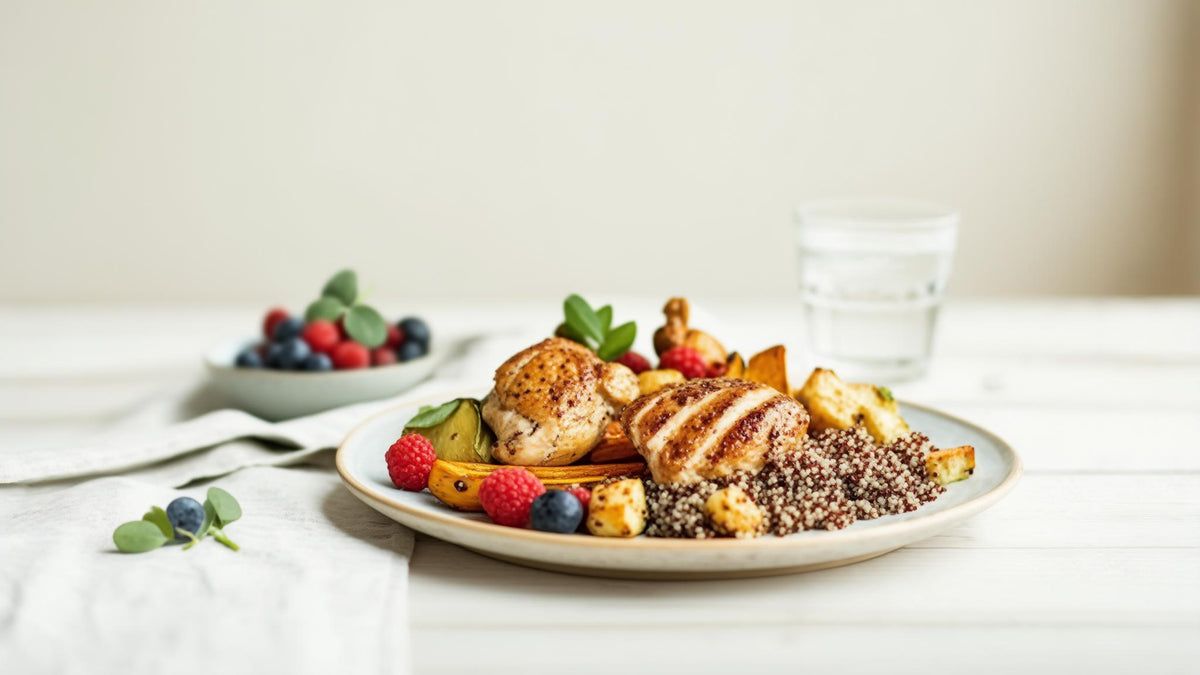 A balanced plate of chicken, quinoa and roasted vegetables beside water and berries