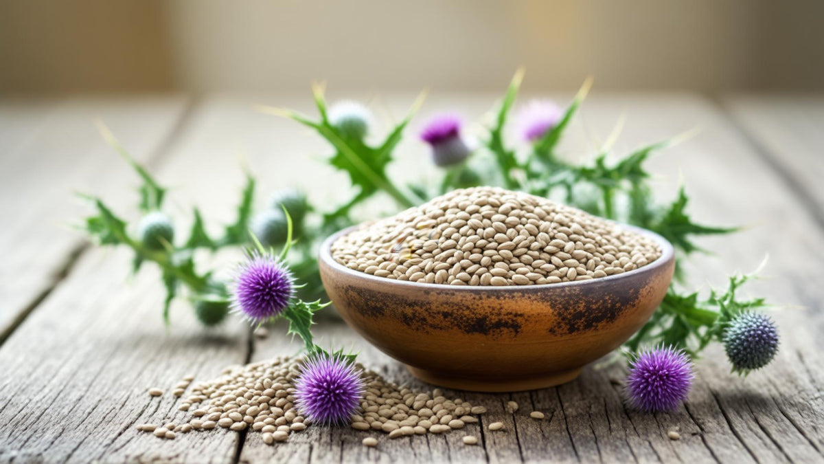 Milk thistle flowers and a bowl of milk thistle seeds on a rustic wooden table