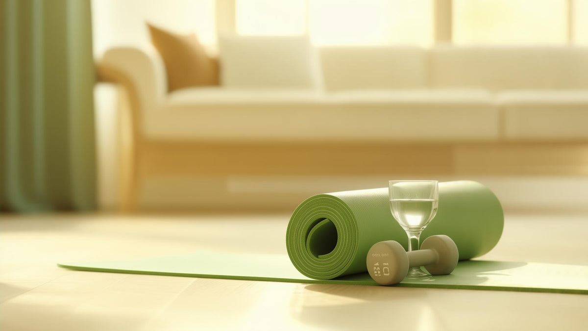 A rolled yoga mat, a light dumbbell and a glass of water in a bright room, joint-friendly movement