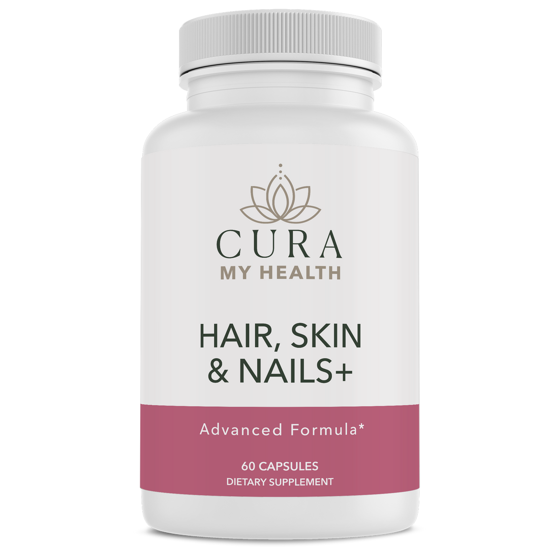 Hair, Skin & Nails+ by CuraMyHealth — biotin formula for women 30+, front view of the bottle
