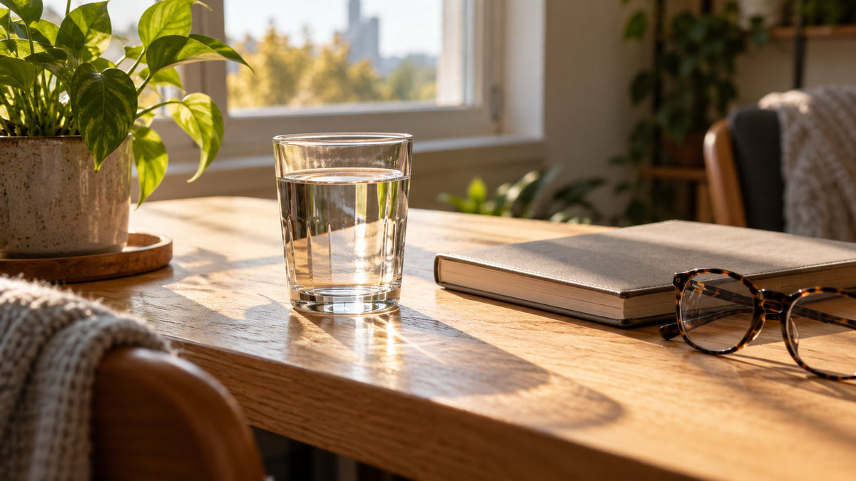 A glass of water on a sunlit wooden desk beside a closed notebook, reading glasses and a potted plant