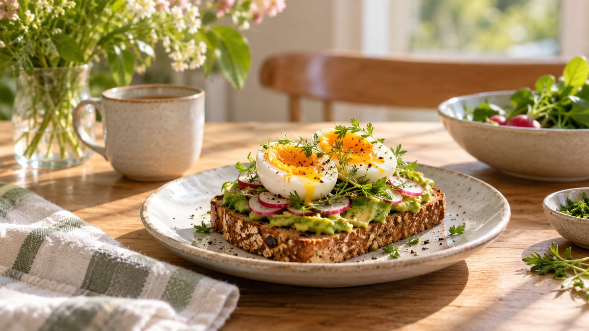 Two soft-boiled egg halves on avocado toast with radish slices on a wooden breakfast table in morning light