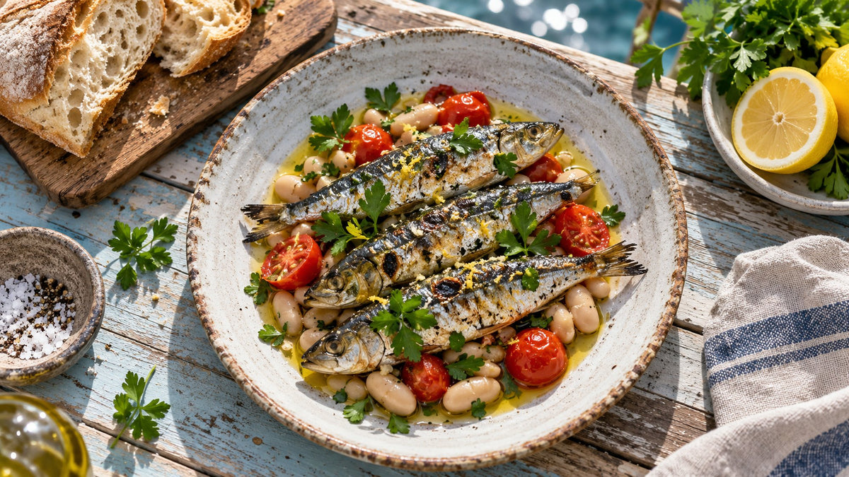 Grilled sardines on white beans with cherry tomatoes and parsley, with bread and lemon on a wooden table