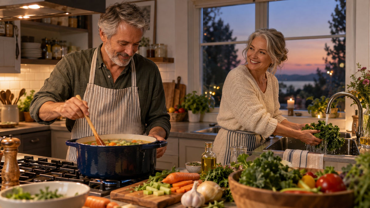 Two adults cooking vegetable soup and washing greens in a warm home kitchen at dusk