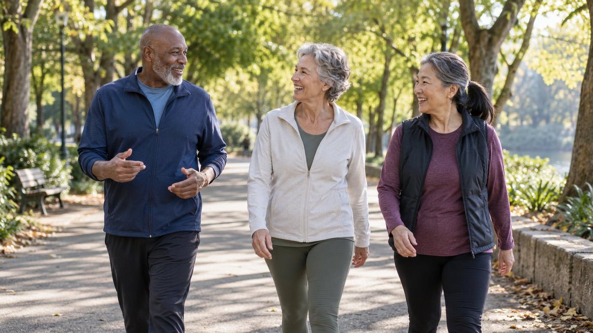 Three friends walking and talking on a tree-lined park path on a sunny autumn morning
