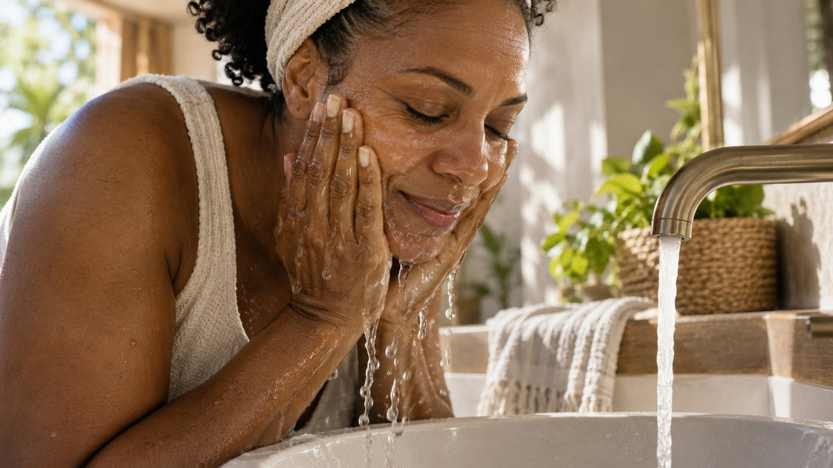 Person rinsing their face with water at a bathroom sink in morning sunlight, a towel and plants behind