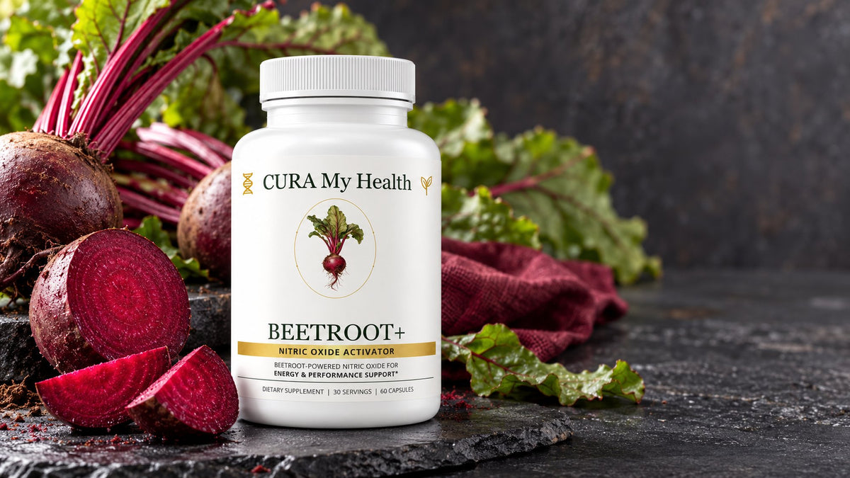 Bottle of Beetroot+ capsules beside fresh beets, a cut beet and beet greens on a dark slate surface