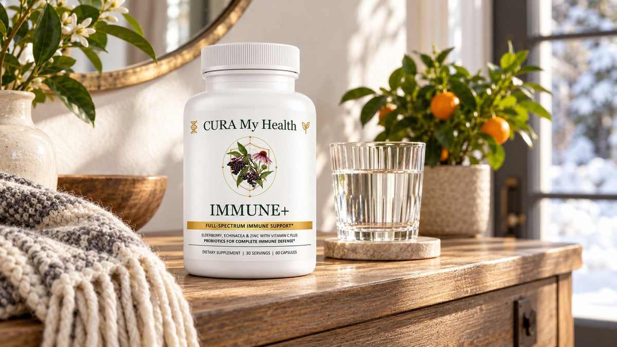 Immune+ bottle on a wooden dresser beside a glass of water, a knit throw and a small citrus tree by a snowy window