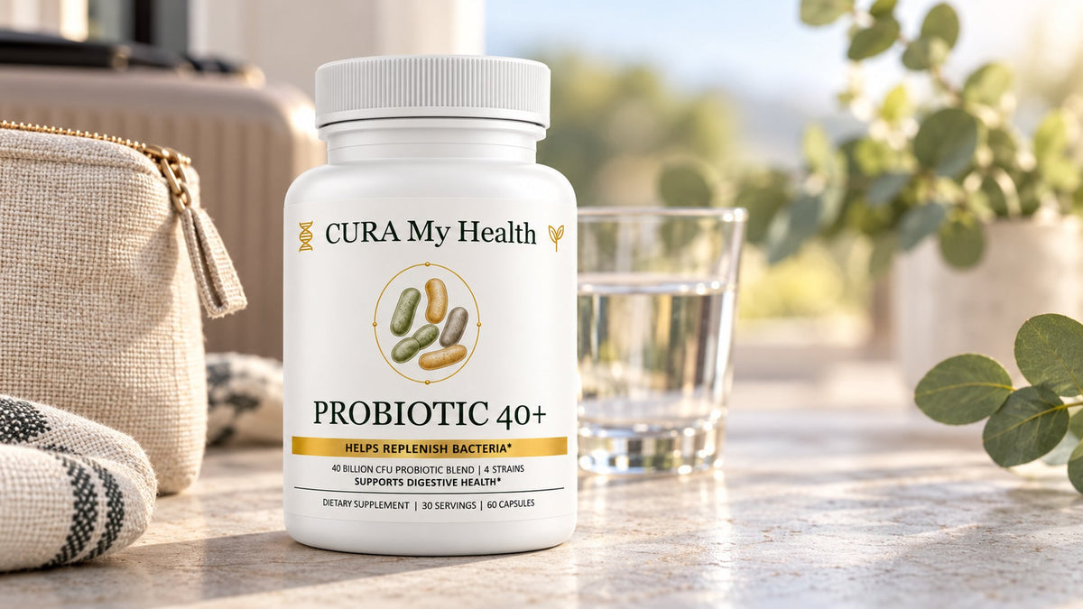 Probiotic 40+ bottle on a sunny counter beside a glass of water and a linen travel pouch