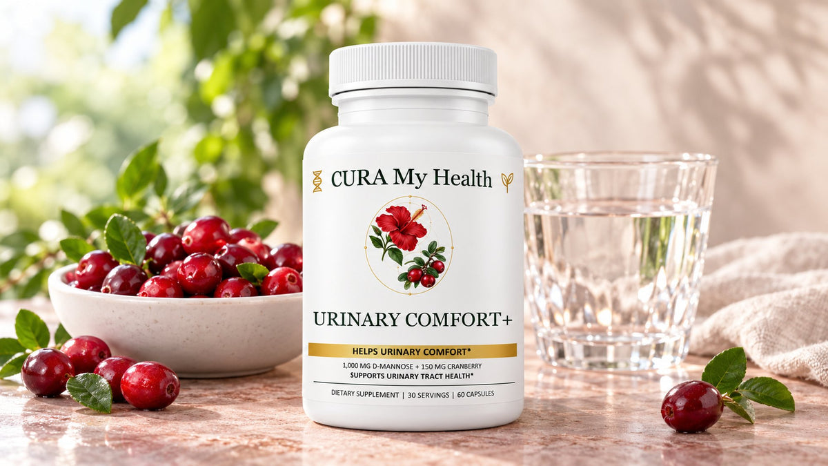Urinary Comfort+ bottle beside a bowl of fresh cranberries and a glass of water on a marble counter