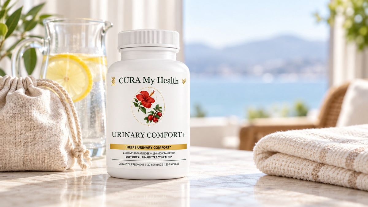 Bottle of Urinary Comfort+ capsules beside a glass pitcher of lemon water on a sunny table by the sea