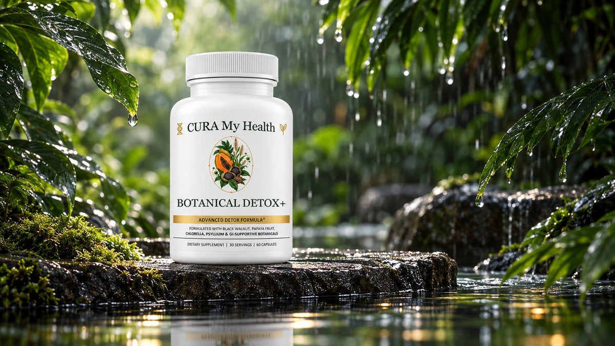Botanical Detox+ bottle on a wet stone beside a stream, with rain falling on green leaves