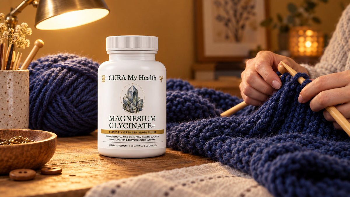 A bottle of Magnesium Glycinate+ on a wooden table beside navy knitting under a warm evening lamp
