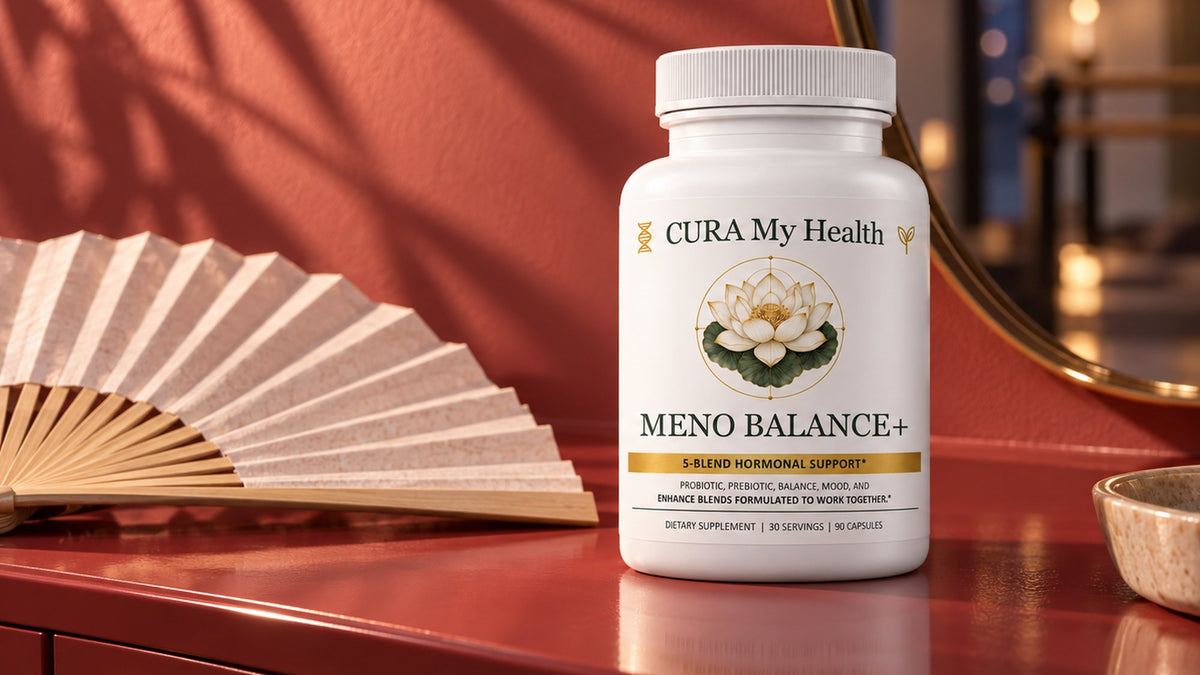 A Meno Balance+ bottle on a coral dresser beside a folded paper fan and a mirror