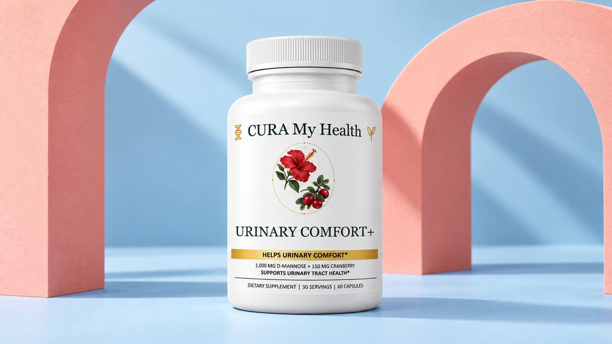 Urinary Comfort+ bottle standing between two coral arches on a pale blue backdrop