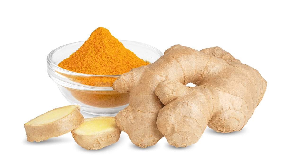 Fresh ginger root and turmeric root beside a glass bowl of turmeric powder on white