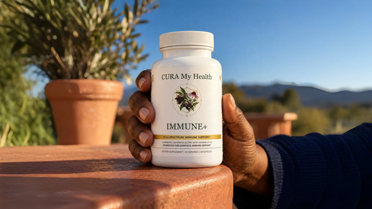A hand holding an Immune+ bottle on a sunny patio