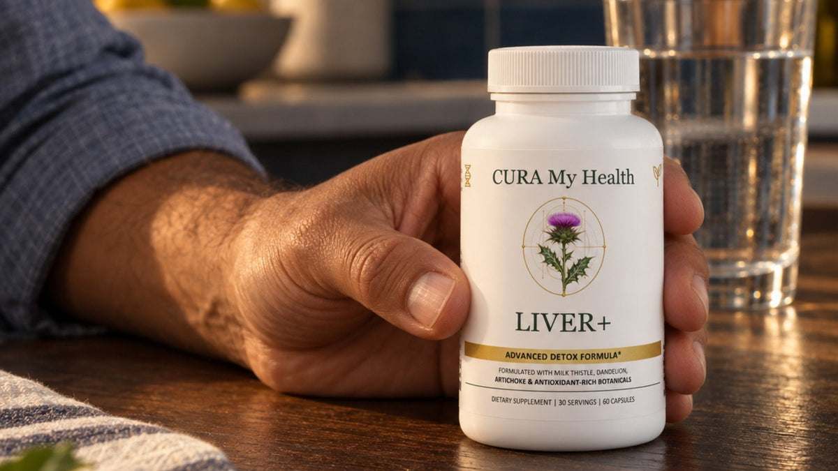 A hand holding a Liver+ bottle at a kitchen table