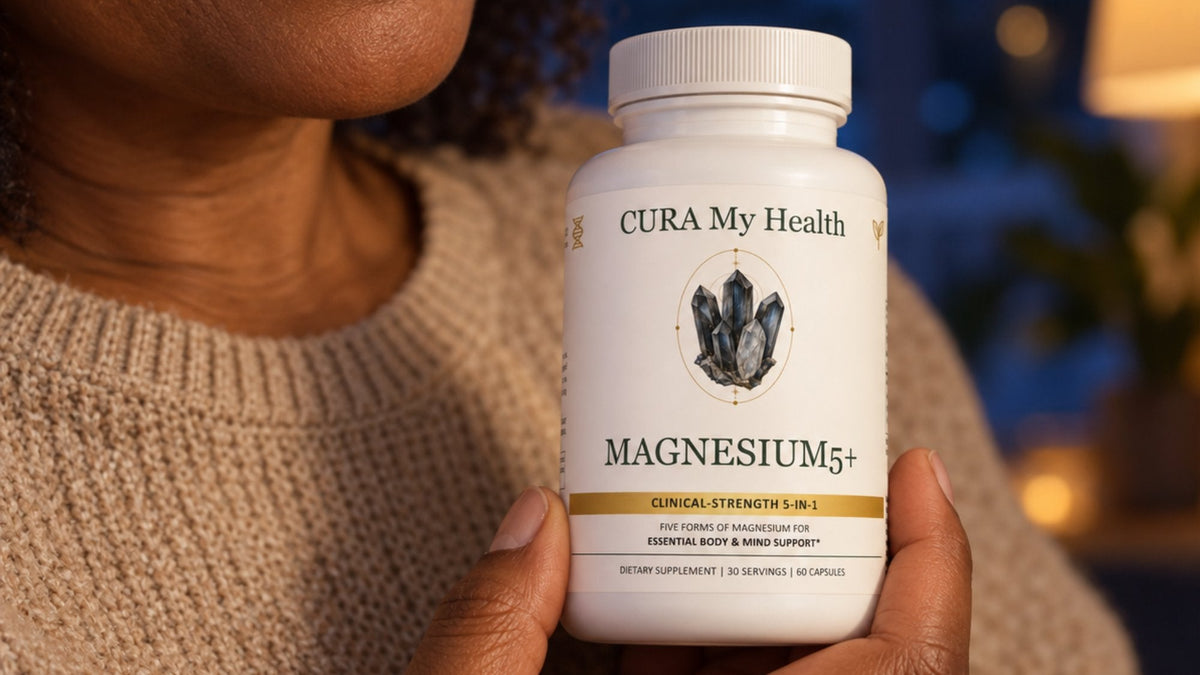 A person holding a Magnesium5+ bottle in a cozy evening room