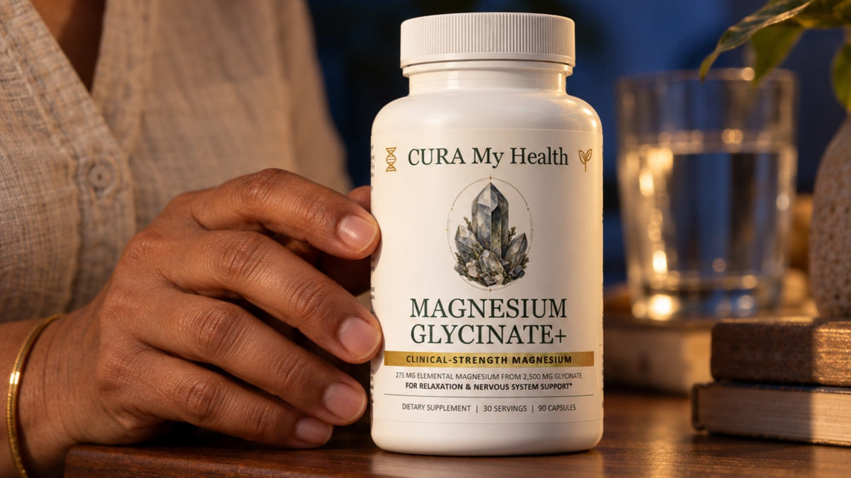 A hand holding a Magnesium Glycinate+ bottle on a nightstand at bedtime