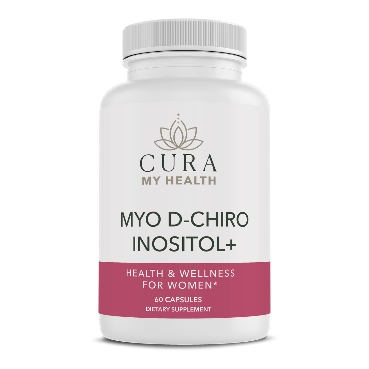 CuraMyHealth Myo D-Chiro Inositol+ supplement bottle, front view