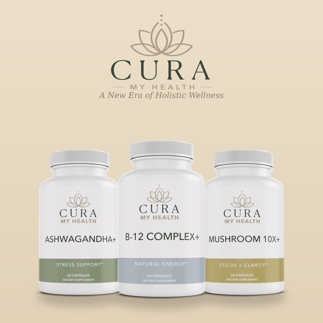 Ashwagandha+, B-12 Complex+, and Mushroom 10x+ adaptogen supplements by CuraMyHealth