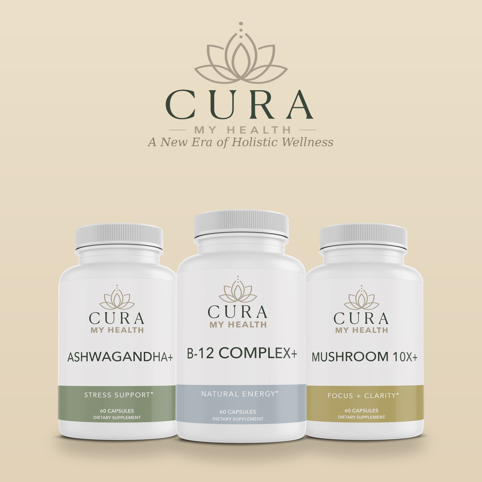 Ashwagandha+, B-12 Complex+, and Mushroom 10x+ adaptogen supplements by CuraMyHealth