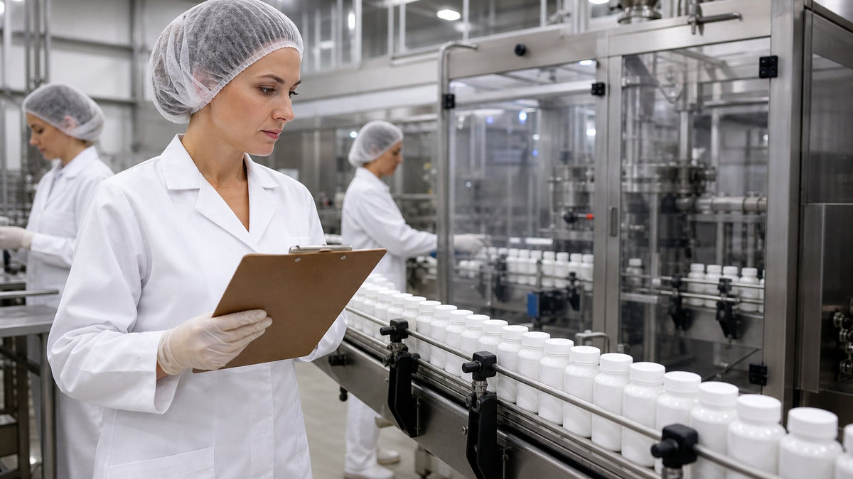 Quality inspector reviewing batch records beside a supplement bottling line