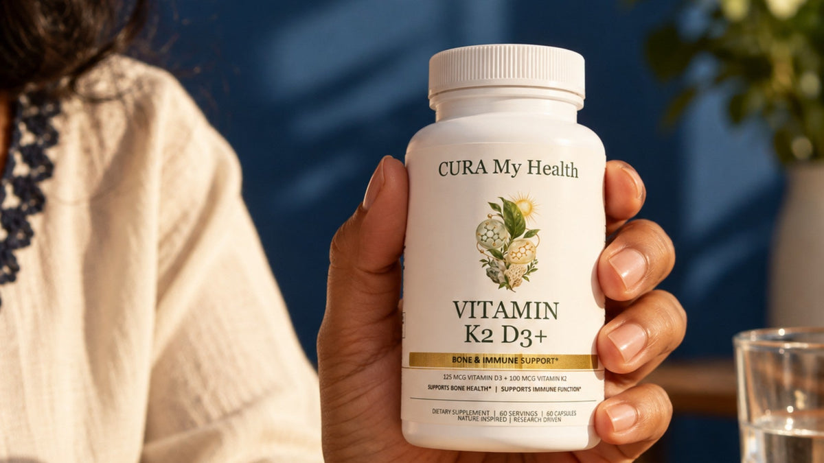 A hand holding a Vitamin K2 D3+ bottle at a breakfast table