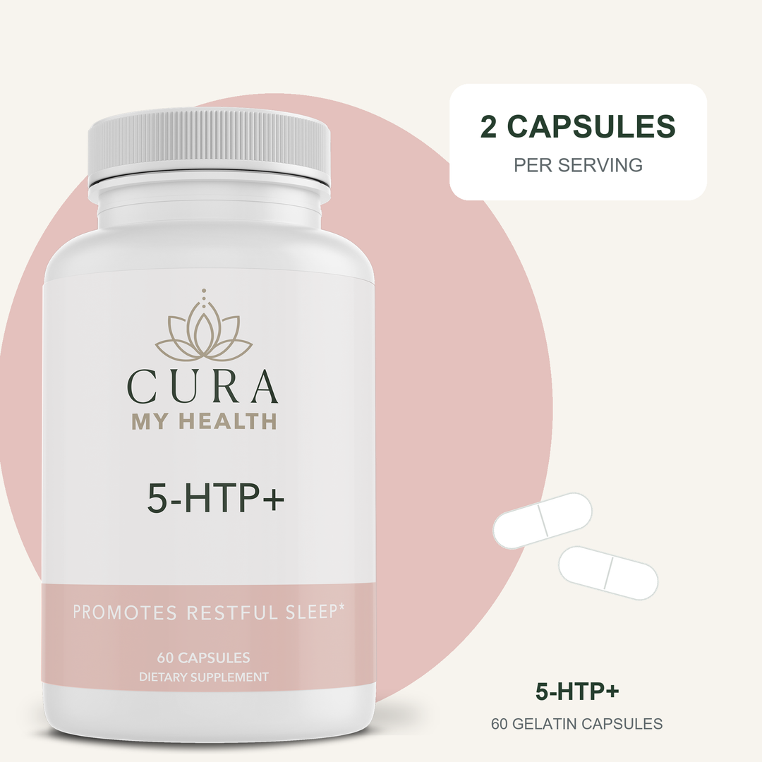 5-HTP+ bottle with two capsules showing the recommended serving size