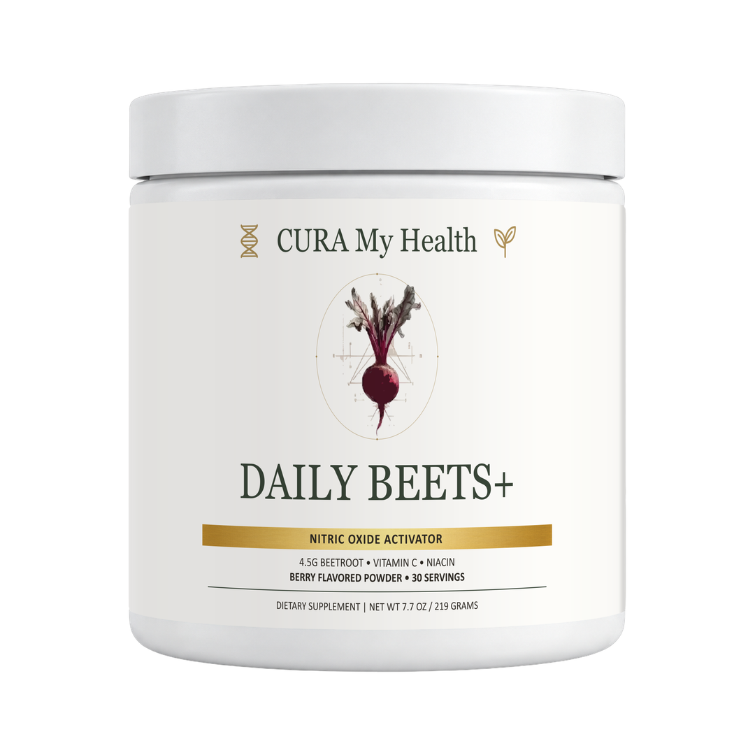 Daily Beets+ supplement powder tub front view by CuraMyHealth