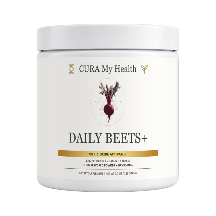 Daily Beets+ supplement powder tub front view by CuraMyHealth