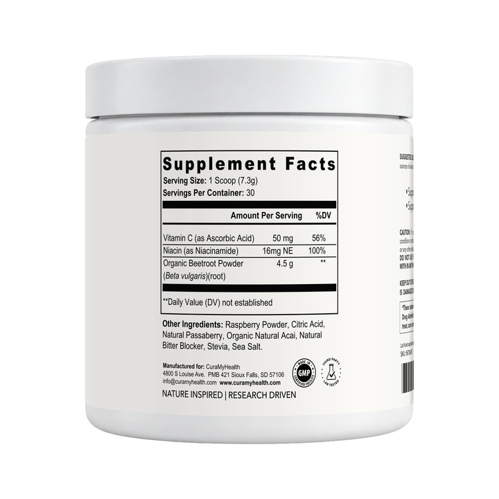 Daily Beets+ supplement facts label by CuraMyHealth