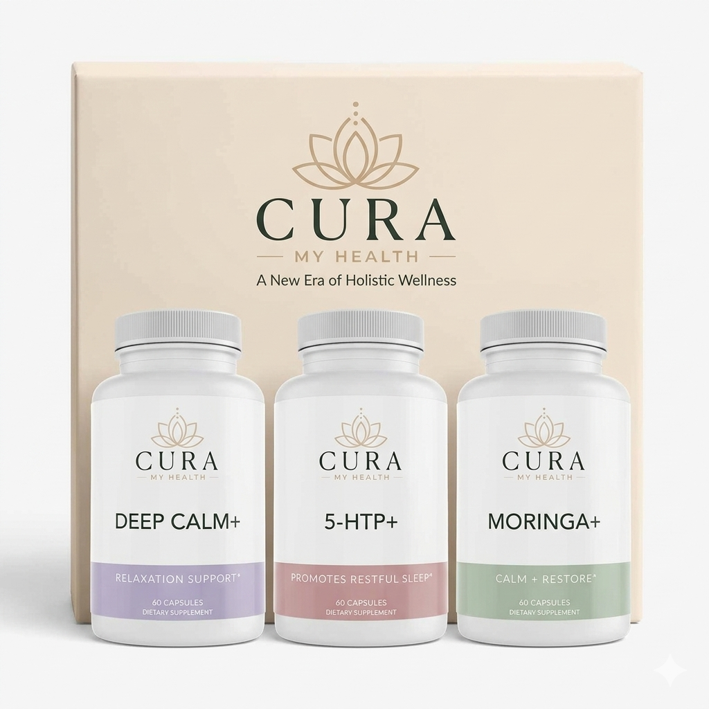 Three CURA supplement bottles with a beige box in the background