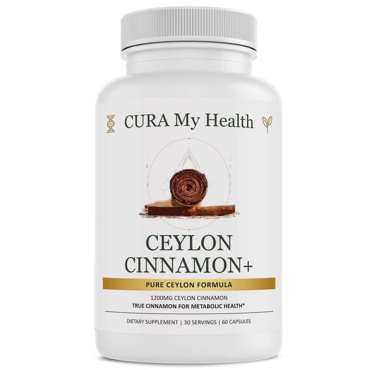 Ceylon Cinnamon+ supplement bottle front view by CuraMyHealth