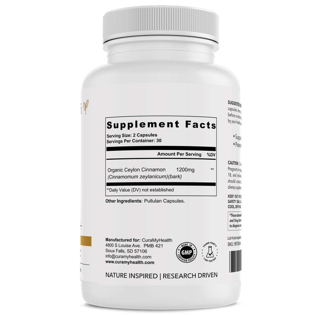 Ceylon Cinnamon+ supplement facts label by CuraMyHealth