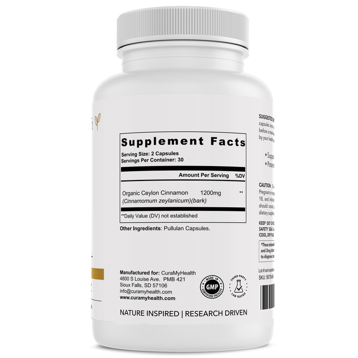 Ceylon Cinnamon+ supplement facts label by CuraMyHealth