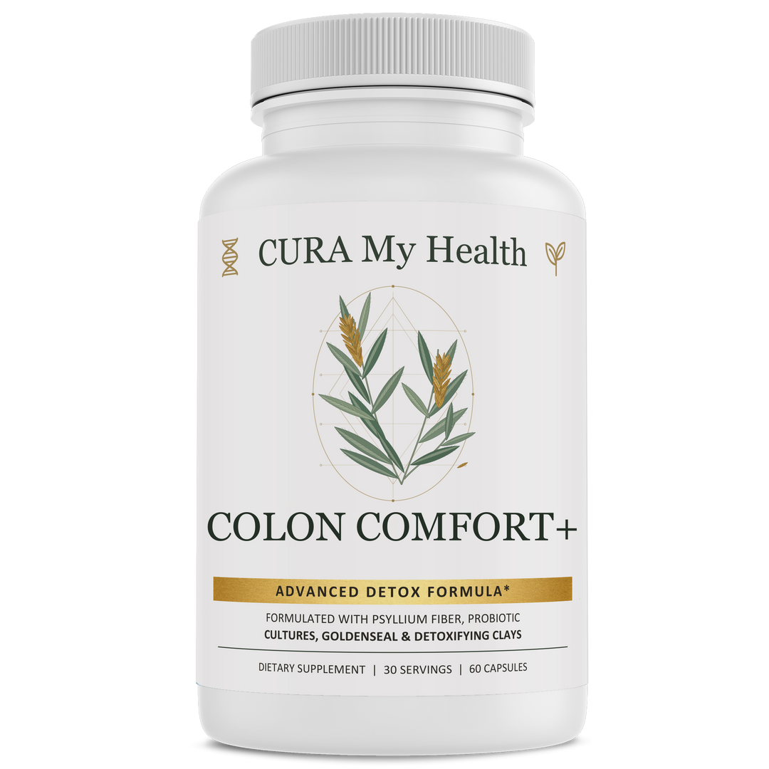 Colon Comfort+ supplement bottle front view by CuraMyHealth