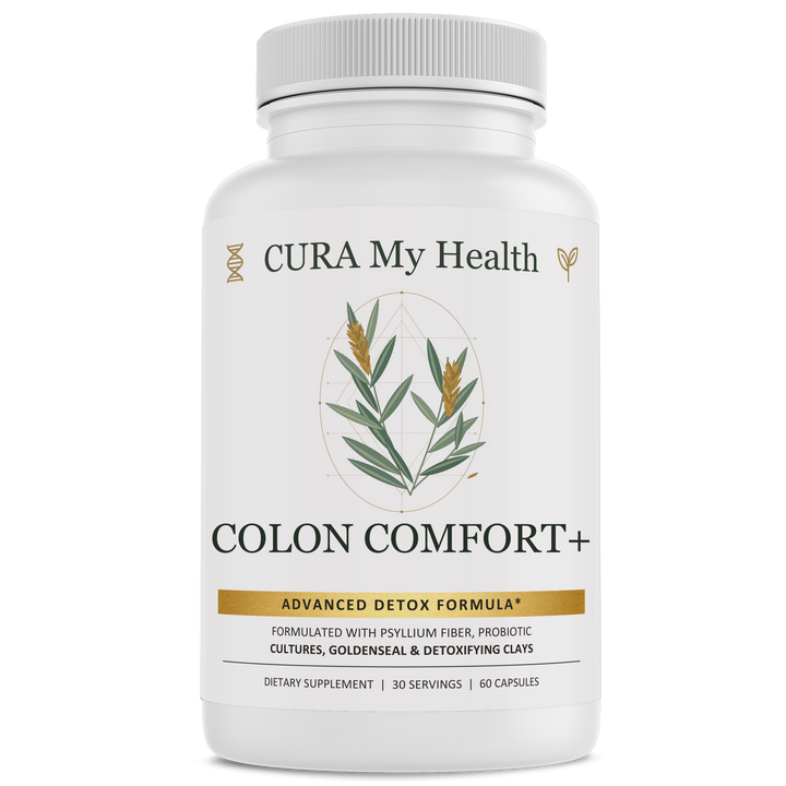 Colon Comfort+ supplement bottle front view by CuraMyHealth