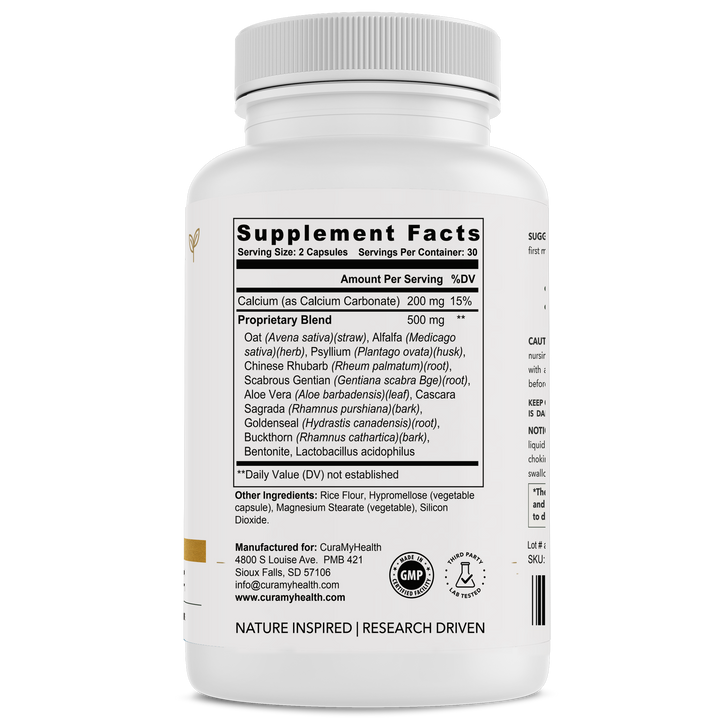 Colon Comfort+ supplement facts label by CuraMyHealth